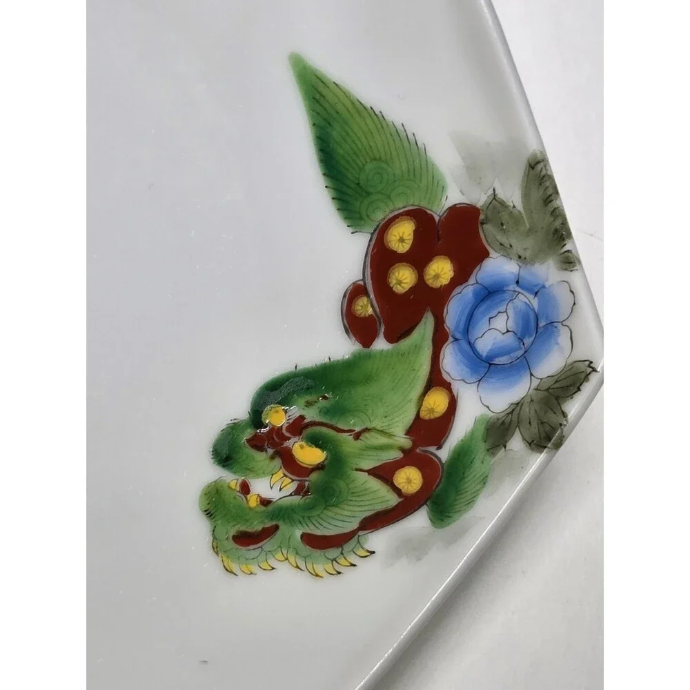 Set Of 5 Hexagonal Plates Hand Painted Foo Dogs Dragons Floral 7.25